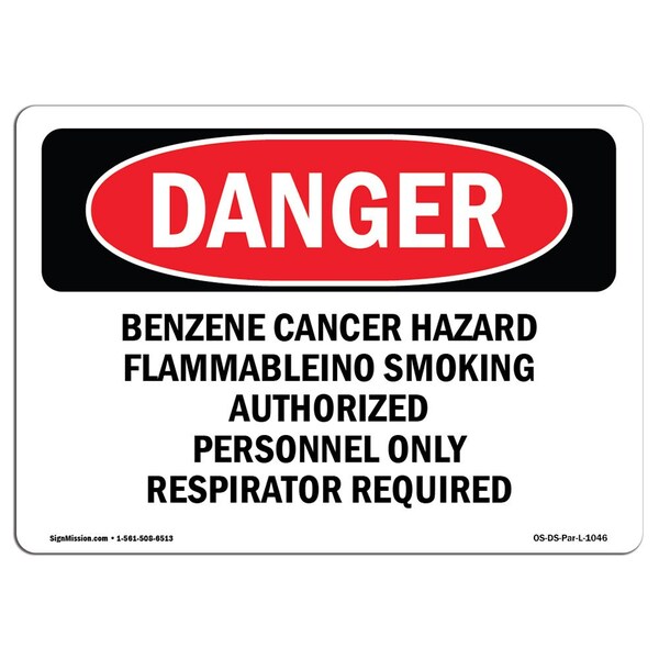 Safety Sign, OSHA Danger, 3.5" Height, 5" Width, Benzene, Landscape, DS-D-35-L-1046-10PK